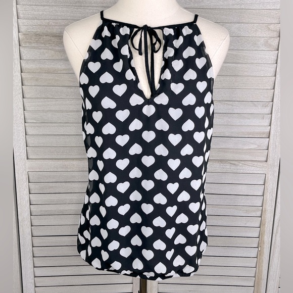 EXPRESS Heart Print Halter Tank Top Double Layer Elastic Hem Black/White-Medium - Picture 2 of 2